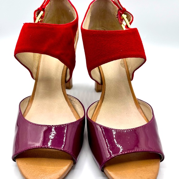 Kate spade open toe tan heels with red suede and purple patent leather size 7M - Picture 5 of 9